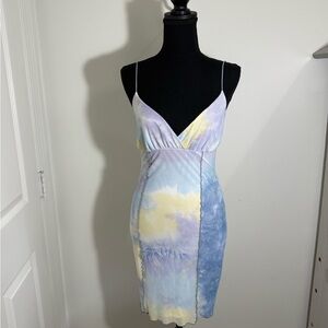 Blue Blush Spaghetti Strap Sheath Dress in Blue and Yellow